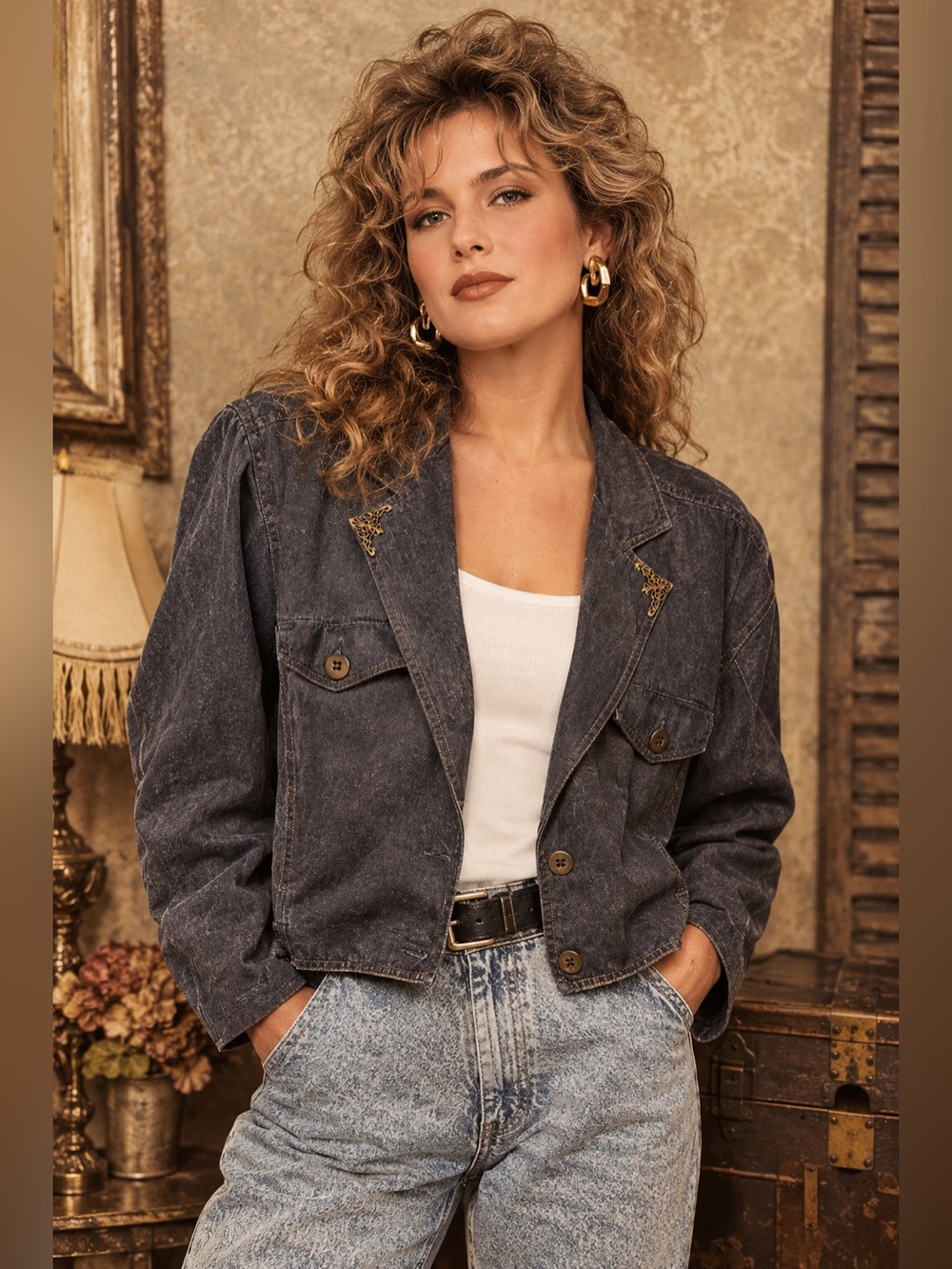 vintage cropped denim blazer jacket distinctive 1980 1990 smoke gray Lg/XL
